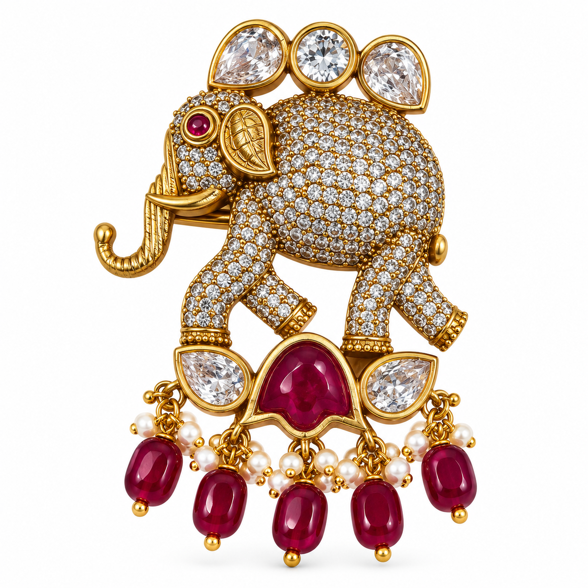 Albetro The Gaja Manik AD elephant ruby drop brooch detailed view