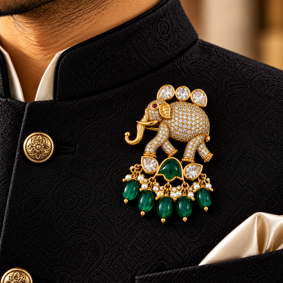 Albetro The Gaja Panna AD elephant brooch with emerald beads on black sherwani