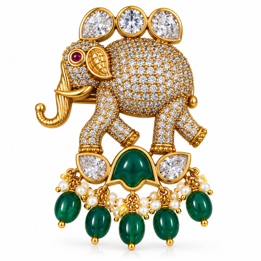 Albetro The Gaja Panna AD elephant emerald drop brooch detailed view