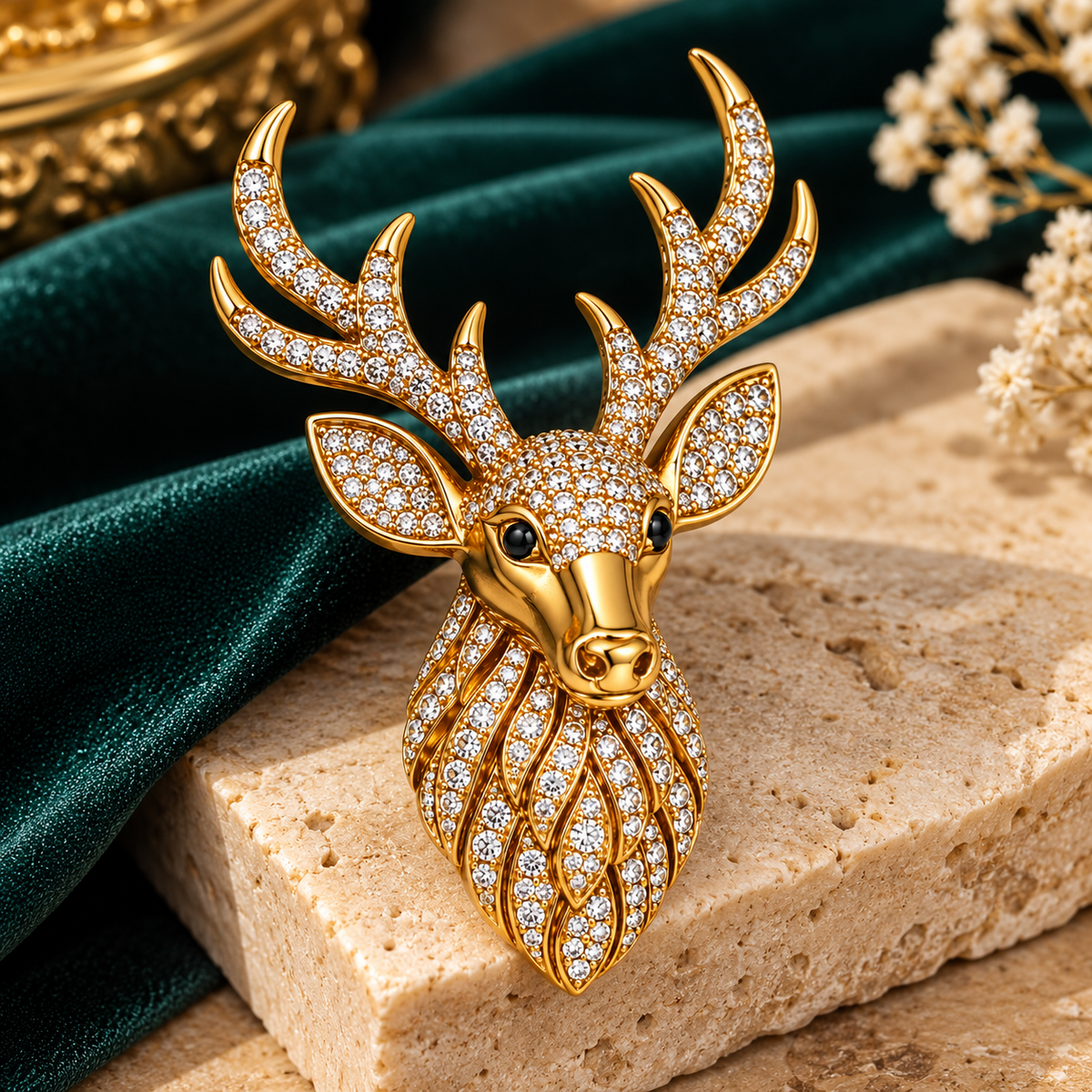 Albetro The Stag Imperial full AD gold deer brooch styled luxury shot