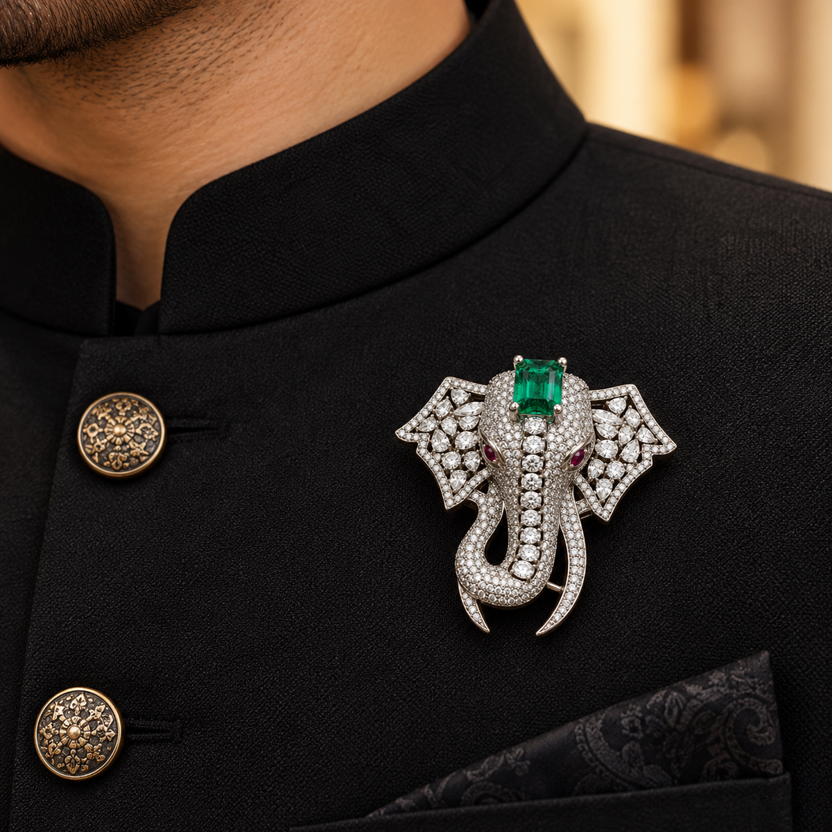 Albetro The Panna Gajanan AD elephant head brooch with emerald on black sherwani
