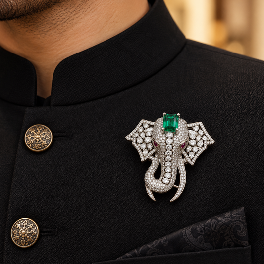 Albetro The Panna Gajanan AD elephant head brooch with emerald on black sherwani