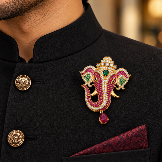 Albetro The Ruby Gajanan d'Or AD elephant brooch in gold on black sherwani