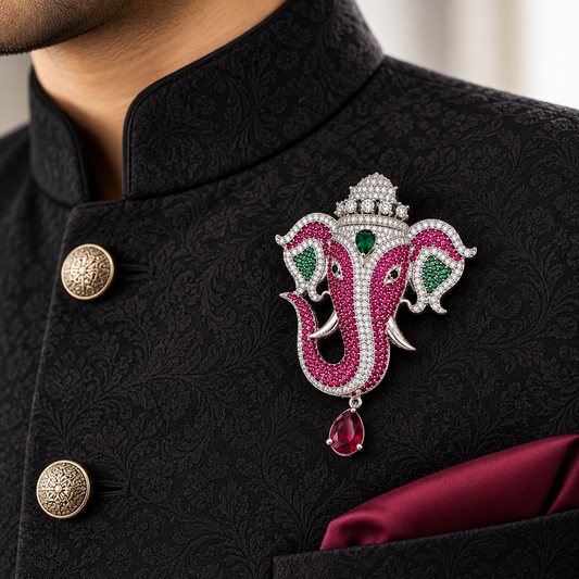 Albetro The Ruby Gajanan Argent AD elephant brooch in silver on black sherwani