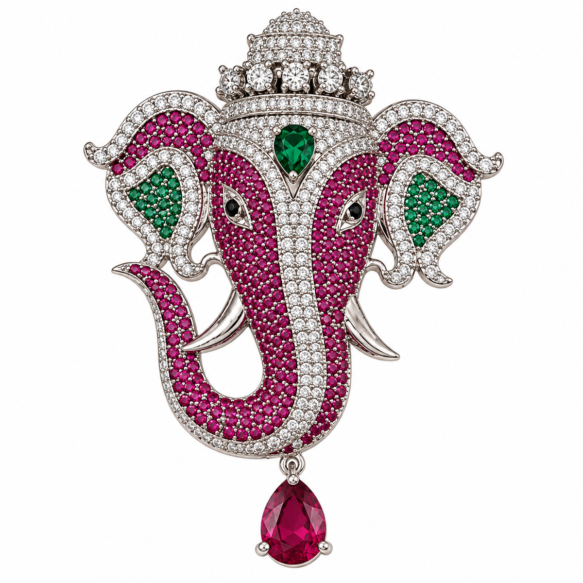 Albetro The Ruby Gajanan Argent crowned elephant brooch detailed view