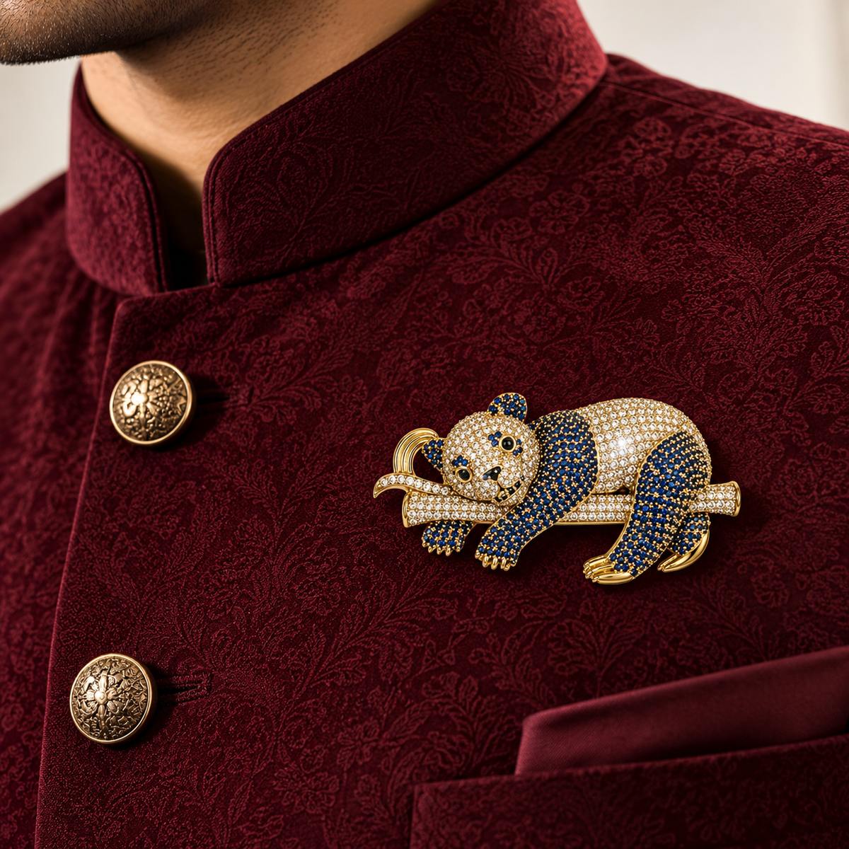 Albetro The Sapphire Panda Royale full AD brooch on maroon sherwani