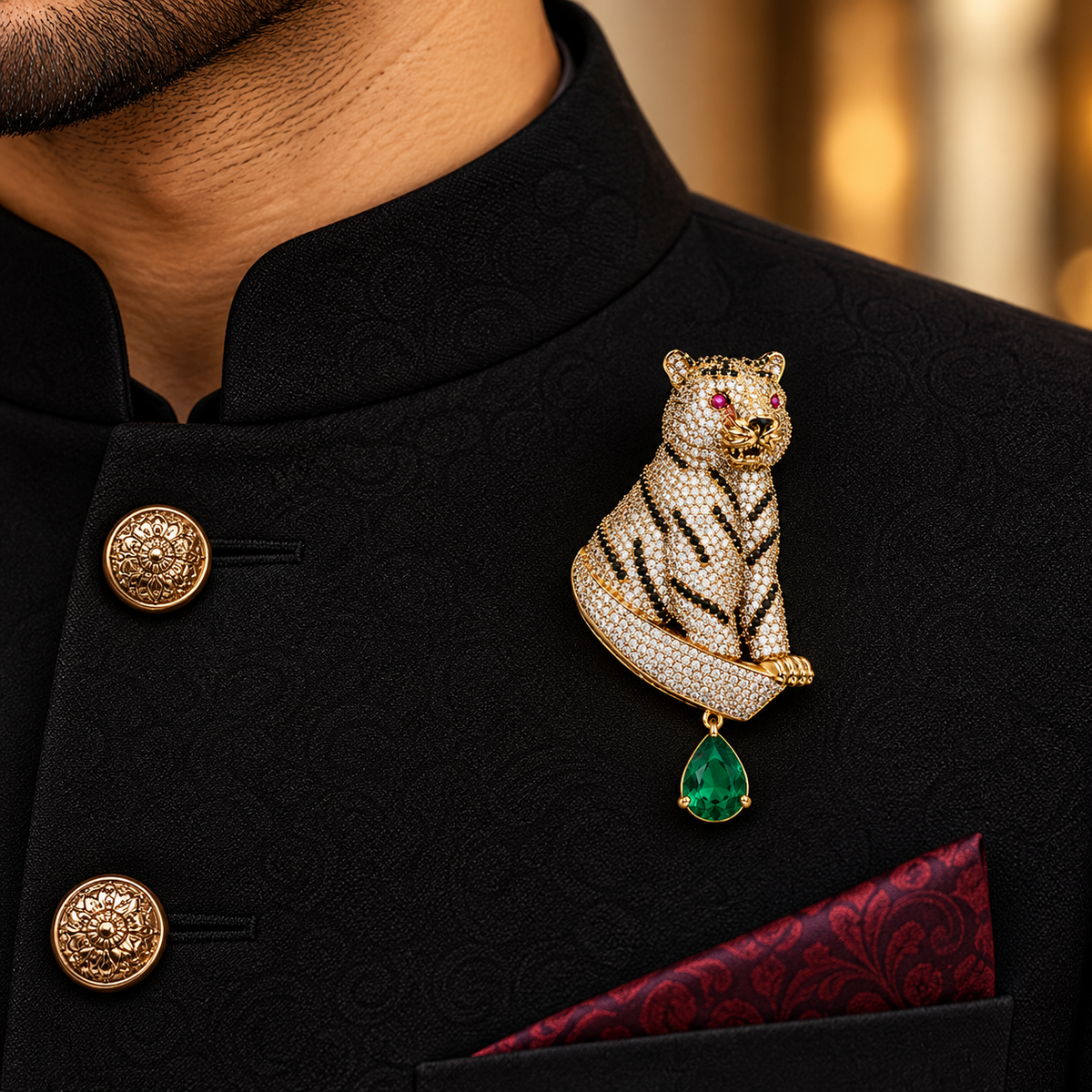 Albetro The Baagh Panna AD tiger brooch with emerald drop on black sherwani