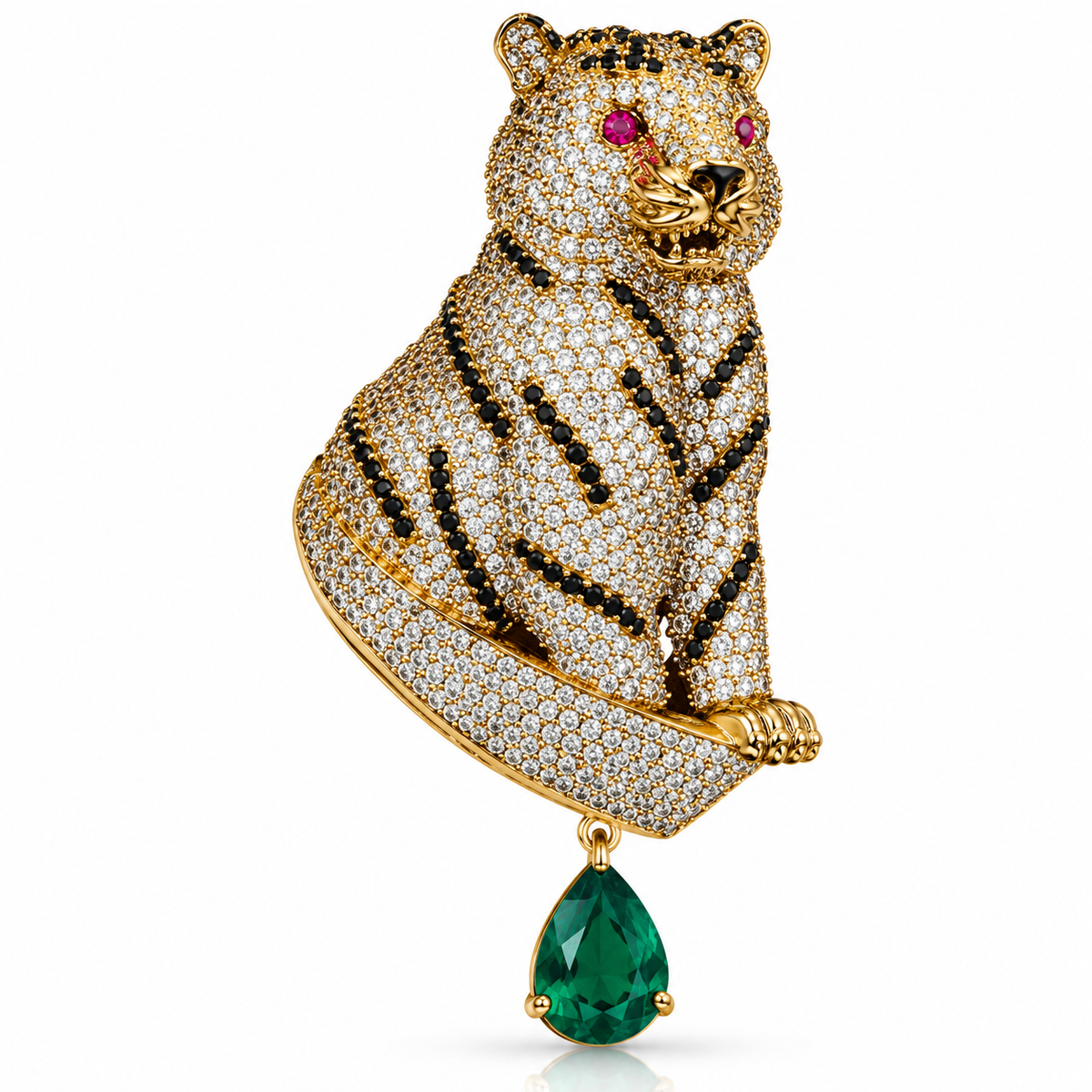 Albetro The Baagh Panna AD stone tiger brooch detailed view