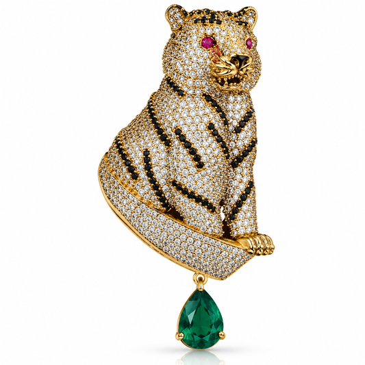 Albetro The Baagh Panna AD stone tiger brooch detailed view