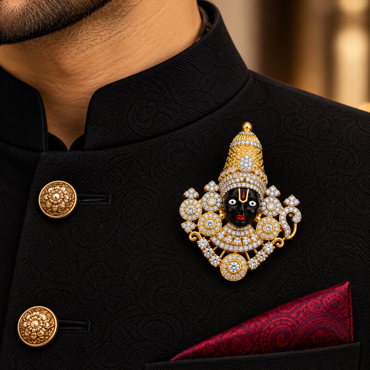 Albetro The Tirupati Balaji AD stone divine brooch on black sherwani