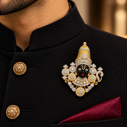 Albetro The Tirupati Balaji AD stone divine brooch on black sherwani