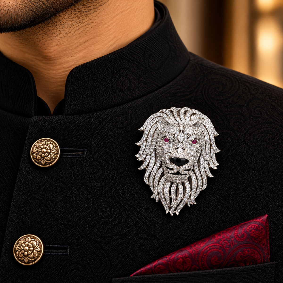 Albetro The Singh Argent full AD silver lion brooch on black sherwani