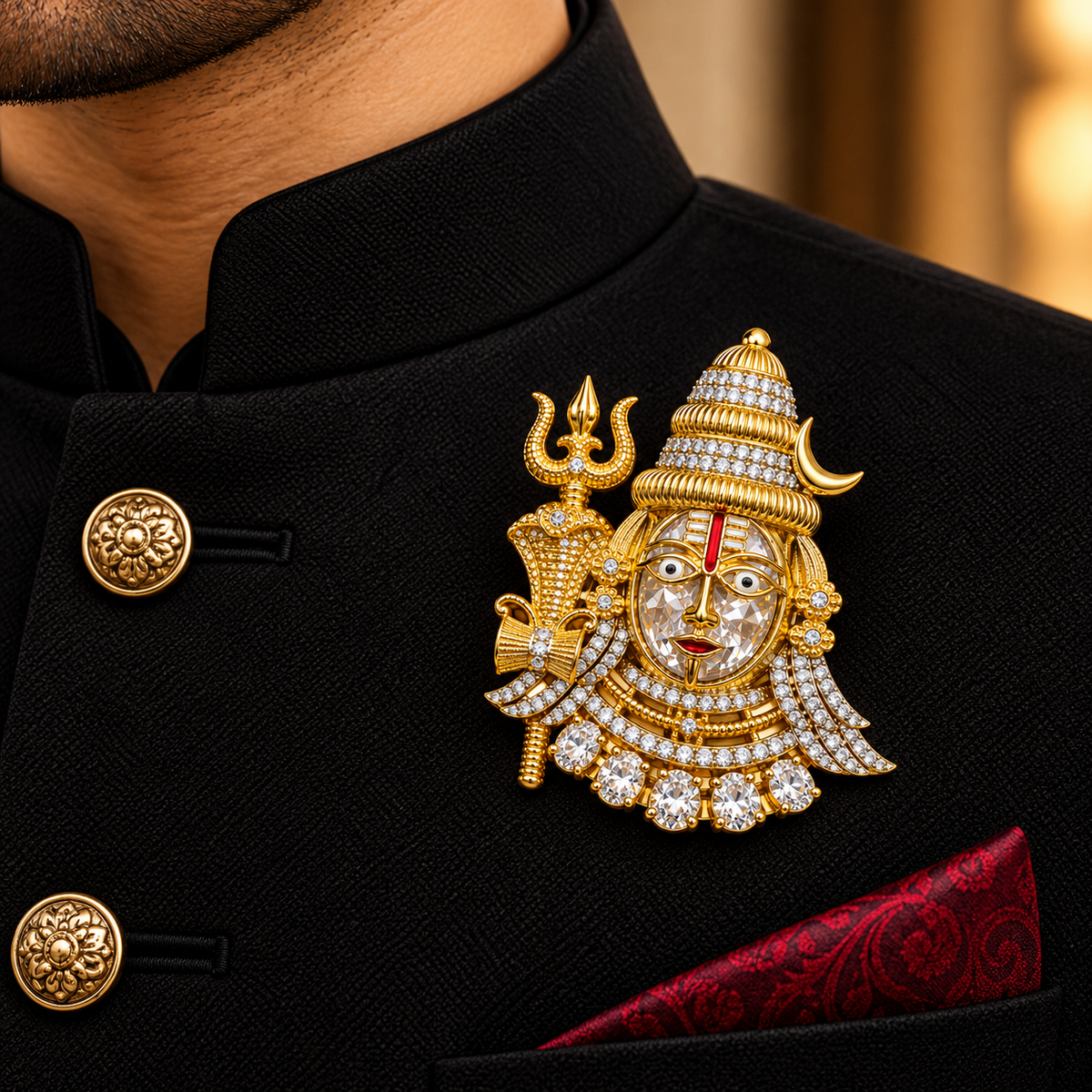 Albetro The Mahadev Mukut AD stone Shiva divine brooch on black sherwani