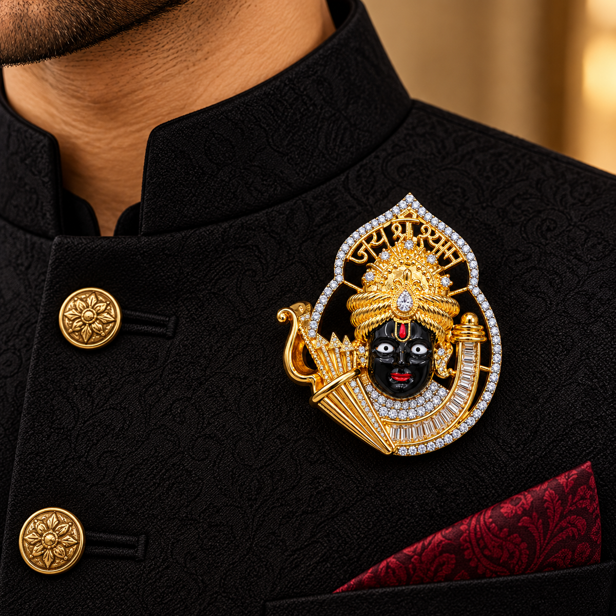 Albetro The Khatu Shyam AD stone divine brooch on black sherwani