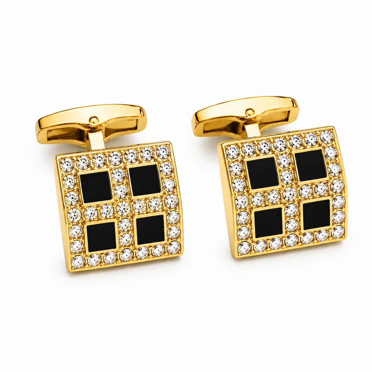 Albetro Damier Noir black gold crystal cufflinks pair on white background