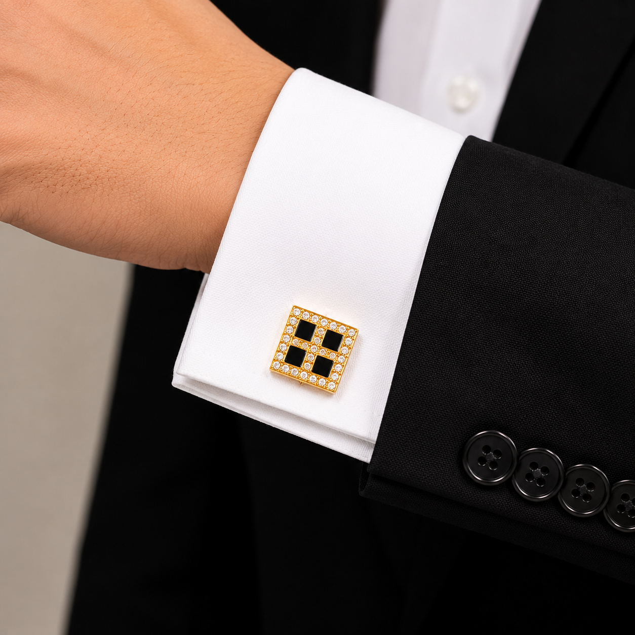 Albetro Damier Noir black gold crystal cufflink on white French cuff shirt