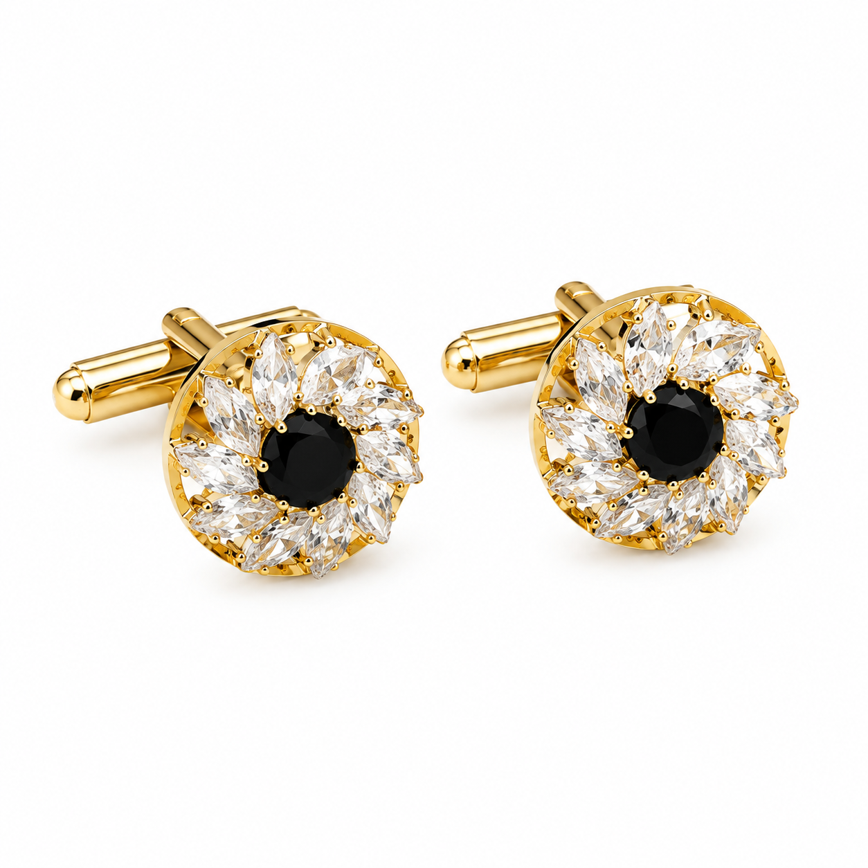 Albetro Noir Soleil black crystal gold cufflinks pair on white background