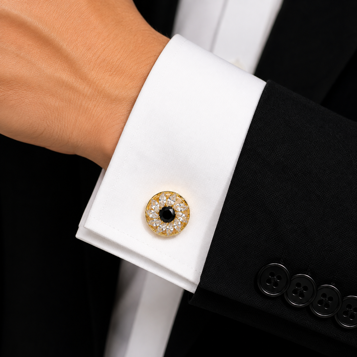 Albetro Noir Soleil black crystal gold cufflink on white French cuff shirt