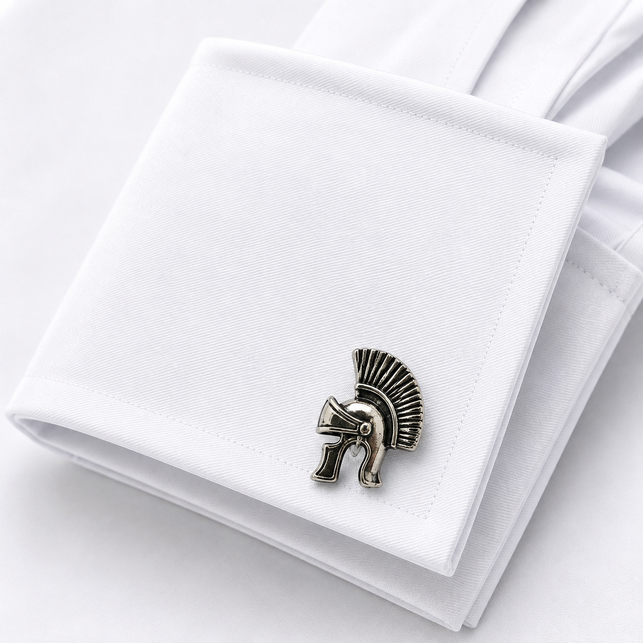 Albetro Centurion Roman helmet silver cufflink on folded white cuff