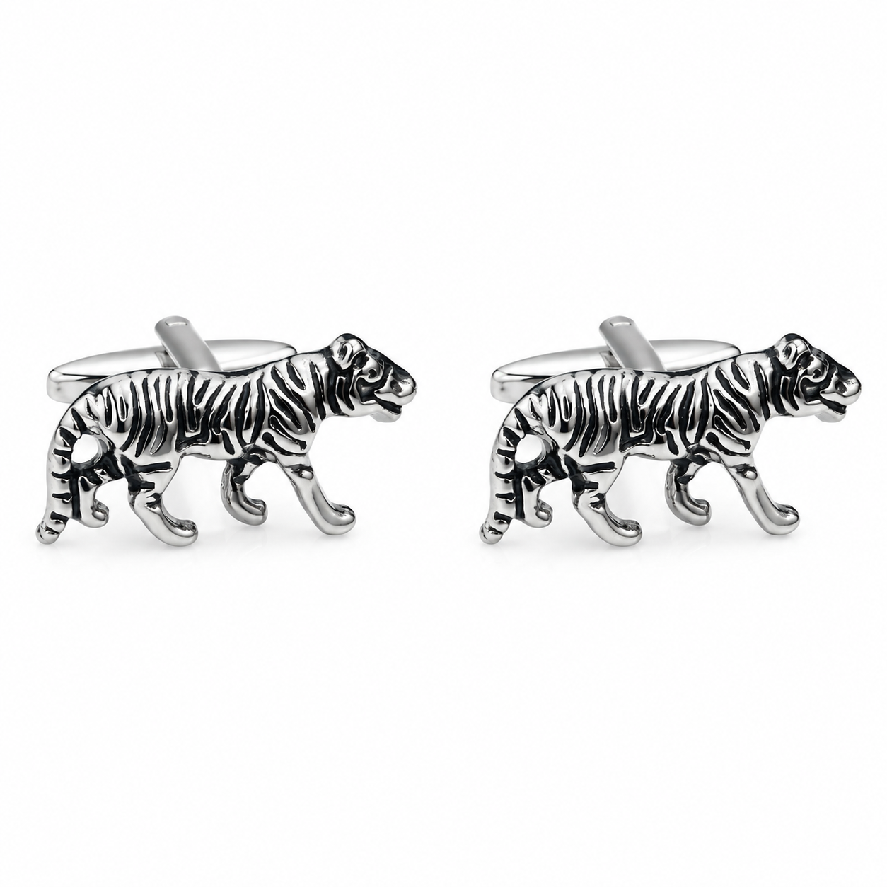 Albetro Royal Bengal silver tiger cufflink on white dress shirt cuff