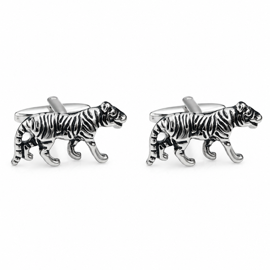 Albetro Royal Bengal silver tiger cufflink on white dress shirt cuff