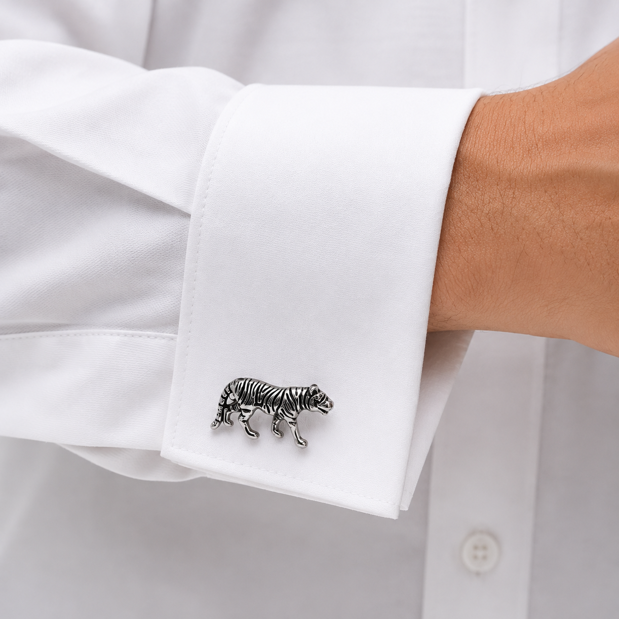 Albetro Royal Bengal silver tiger cufflink on white dress shirt cuff