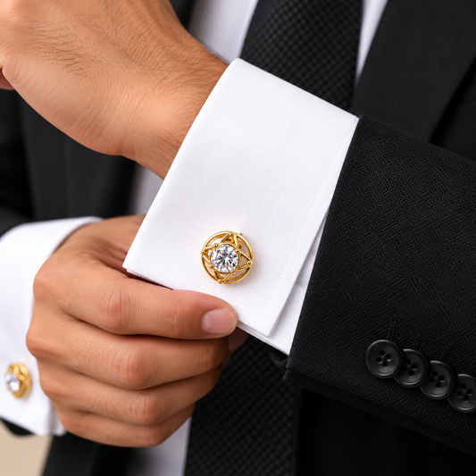 Albetro Étoile d'Or solitaire crystal gold cufflink on white French cuff shirt