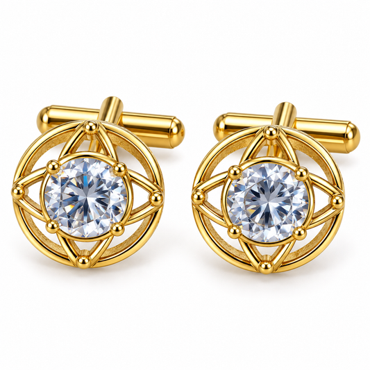 Albetro Étoile d'Or solitaire crystal gold cufflinks pair on white background