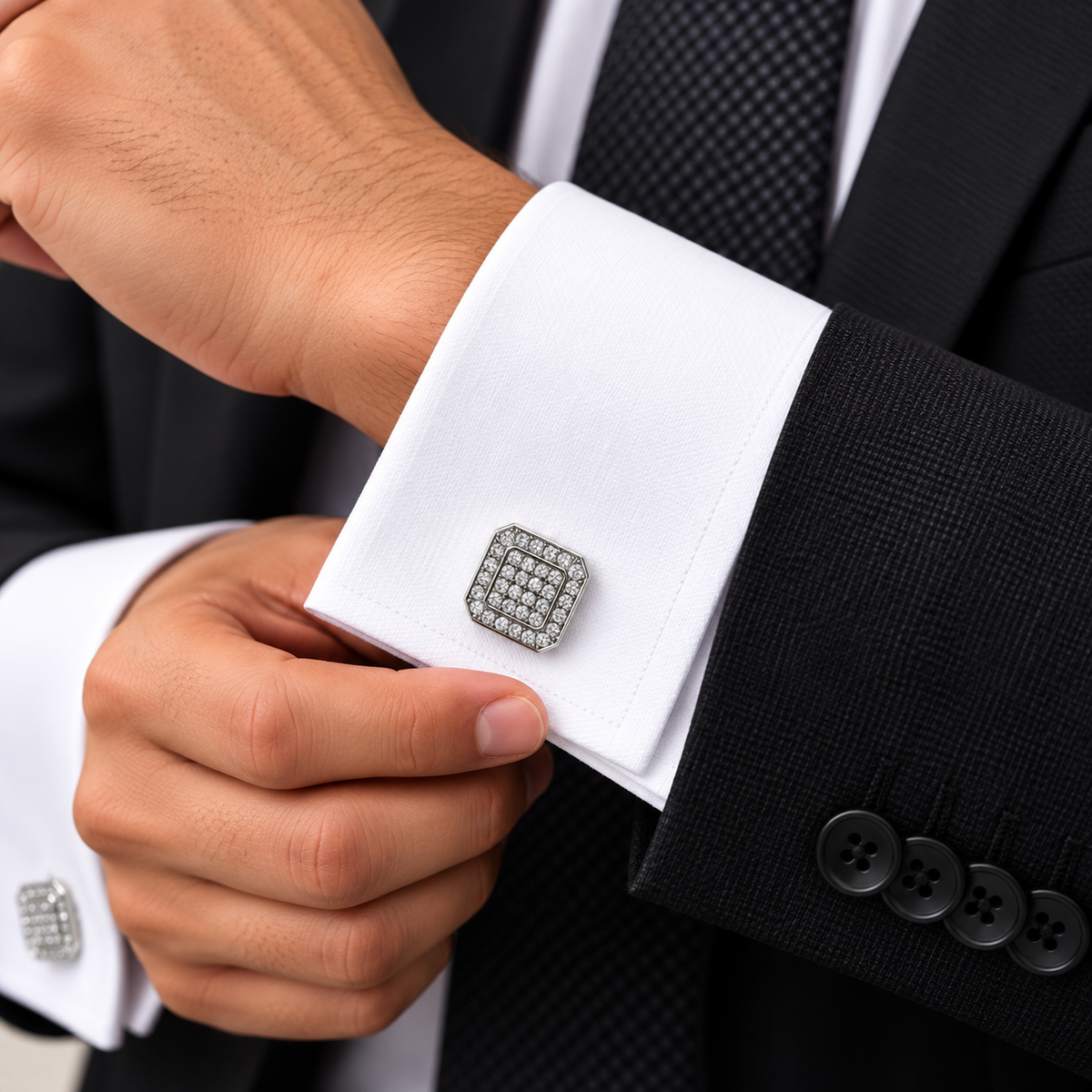 Albetro Glacier Pavé white crystal silver cufflink on white French cuff shirt