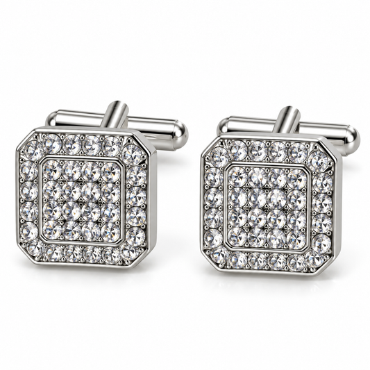 Albetro Glacier Pavé white crystal silver cufflinks pair on white background