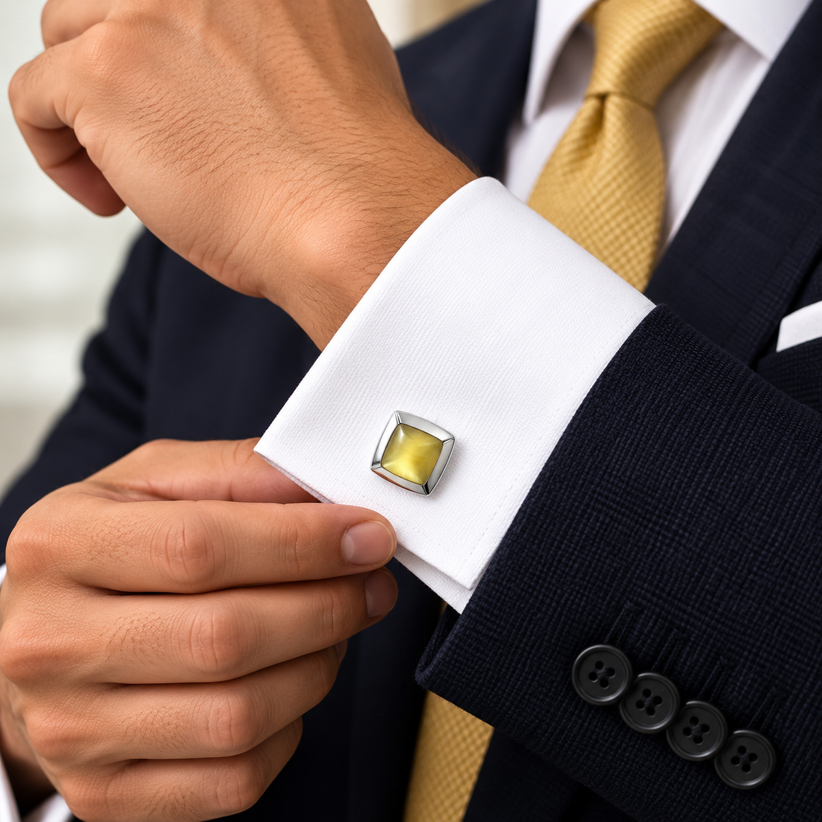 Albetro Lumière d'Or golden mother of pearl cufflink on white French cuff shirt