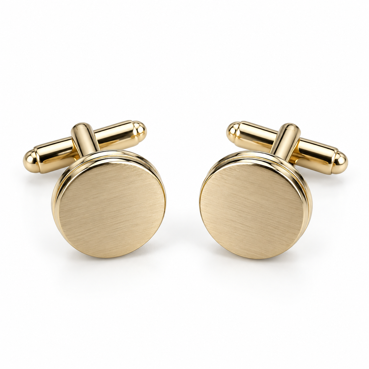 Albetro Midas brushed gold round cufflinks pair on white background