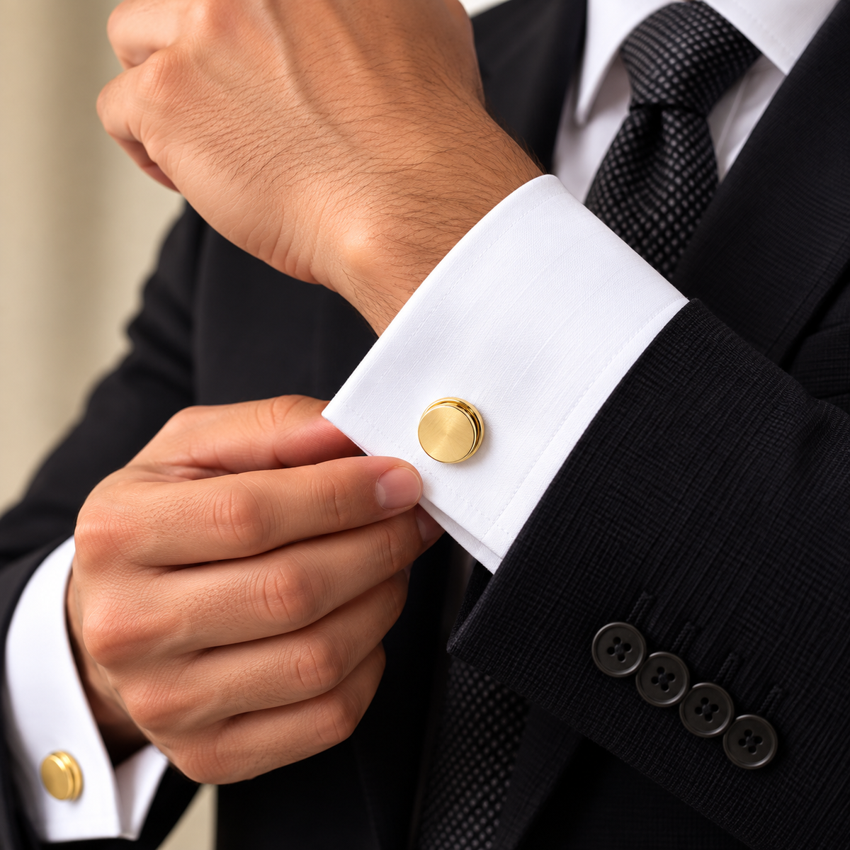 Albetro Midas brushed gold round cufflink on white French cuff shirt