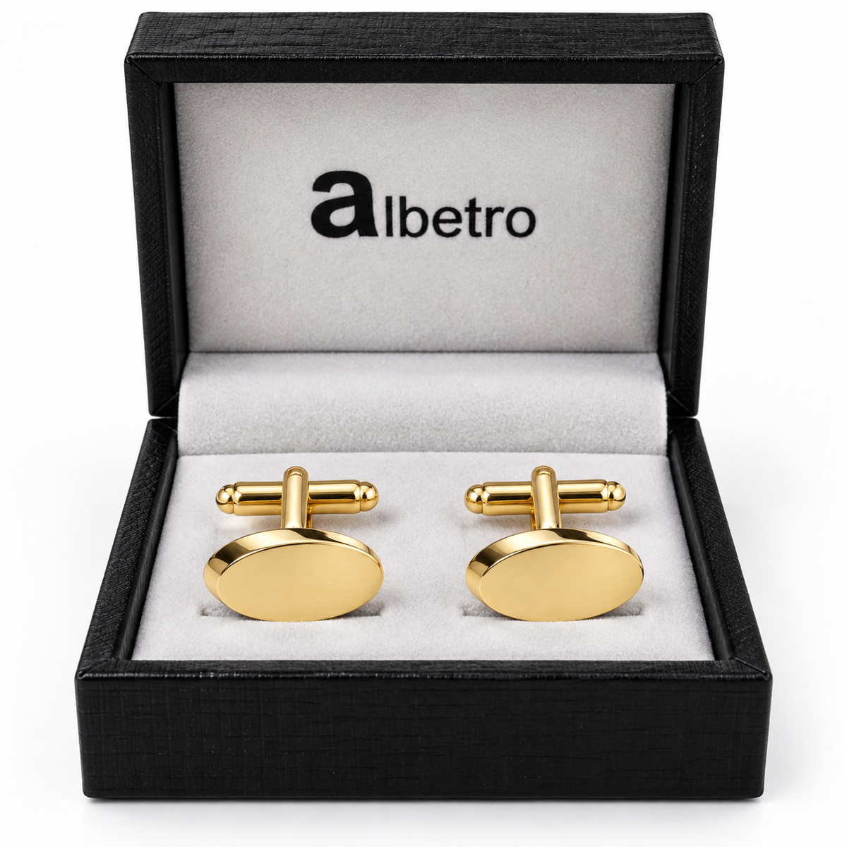 Albetro Timber Royale gold trunk cufflinks in black Albetro gift box