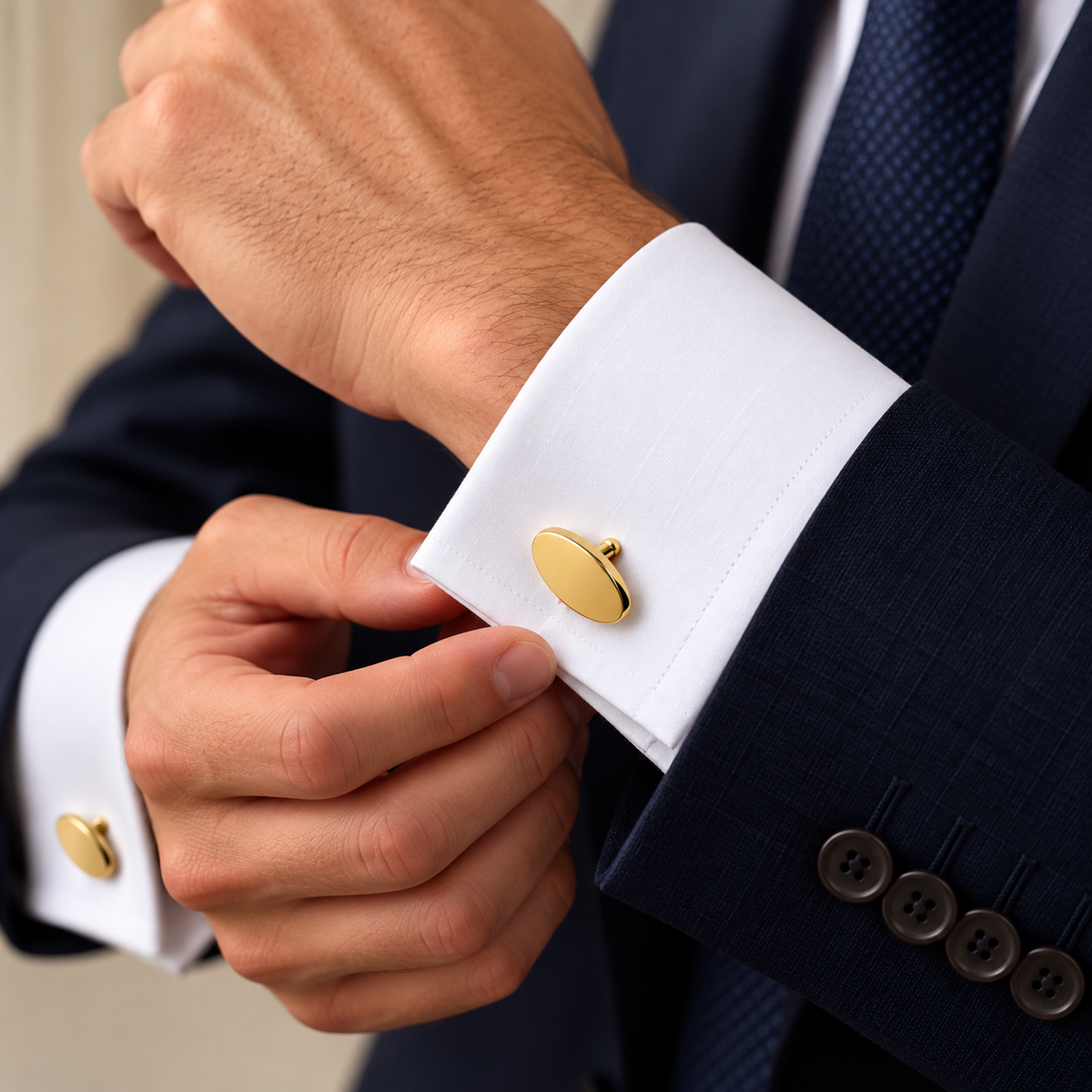 Albetro Timber Royale gold trunk cufflink worn on white French cuff shirt