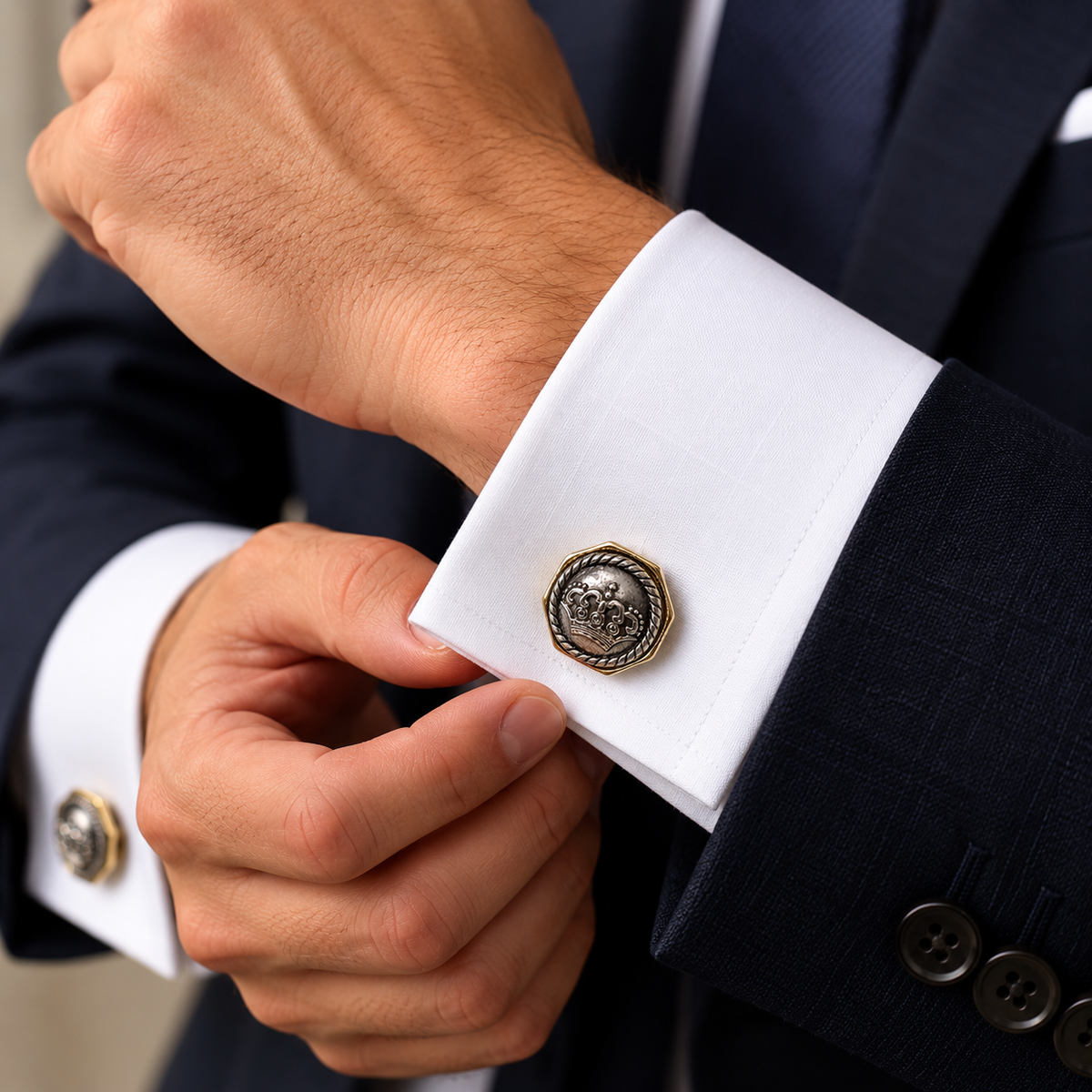 Albetro The Regent antique crown medallion cufflink on white French cuff shirt