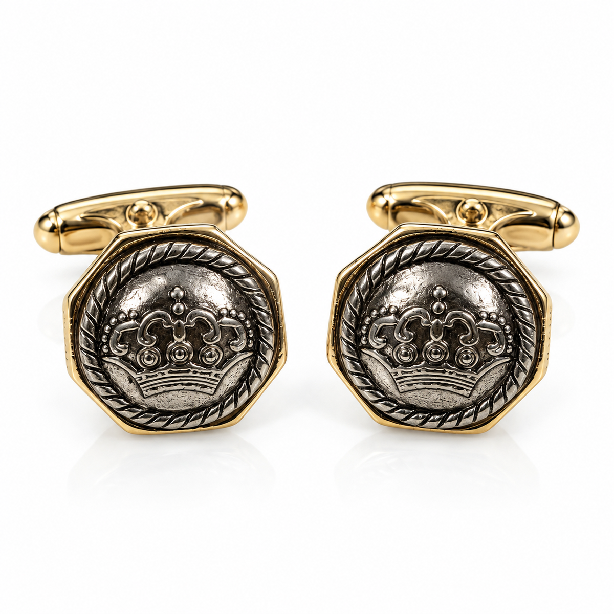 Albetro The Regent antique crown medallion cufflinks pair on white background