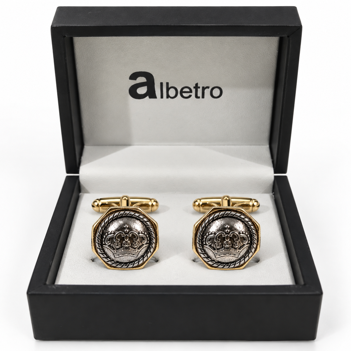 Albetro The Regent antique crown medallion cufflinks in black Albetro gift box