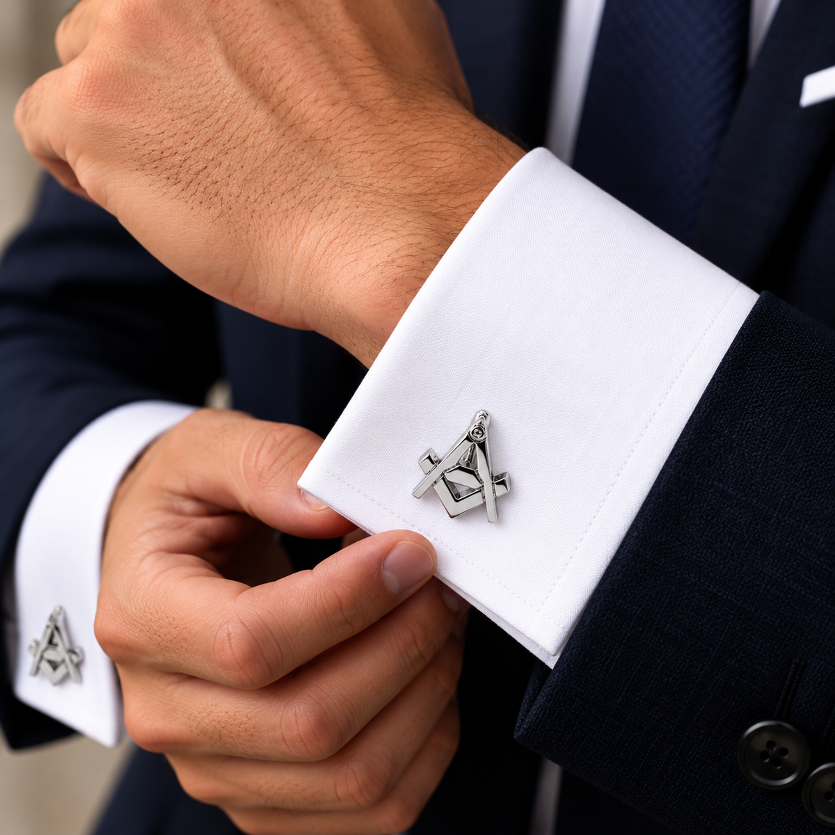 Albetro The Freemason Masonic silver cufflink on white French cuff shirt
