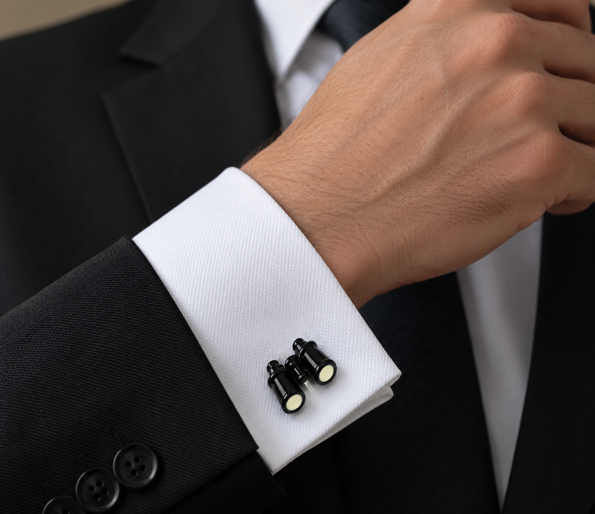Albetro The Voyager black binocular cufflink on white French cuff shirt