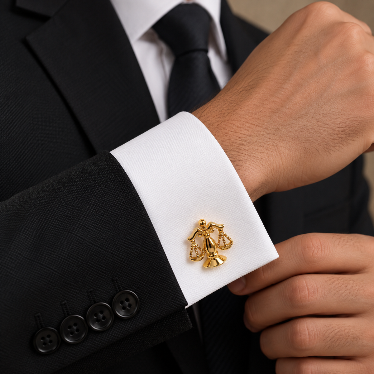 Albetro The Advocate gold lawyer cufflink worn on white French cuff shirt