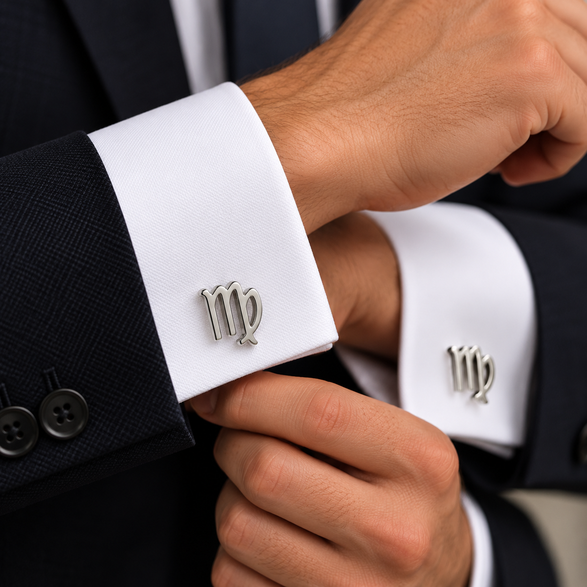 Albetro Virgo zodiac silver cufflink worn on white French cuff shirt