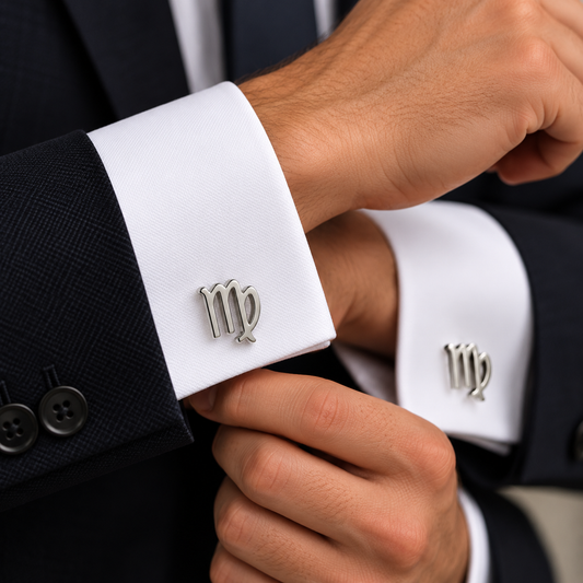 Albetro Virgo zodiac silver cufflink worn on white French cuff shirt