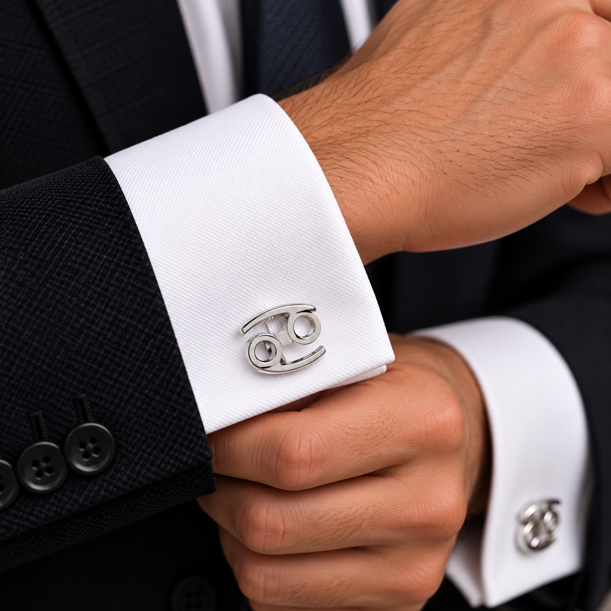 Albetro Cancer zodiac silver cufflink worn on white French cuff shirt