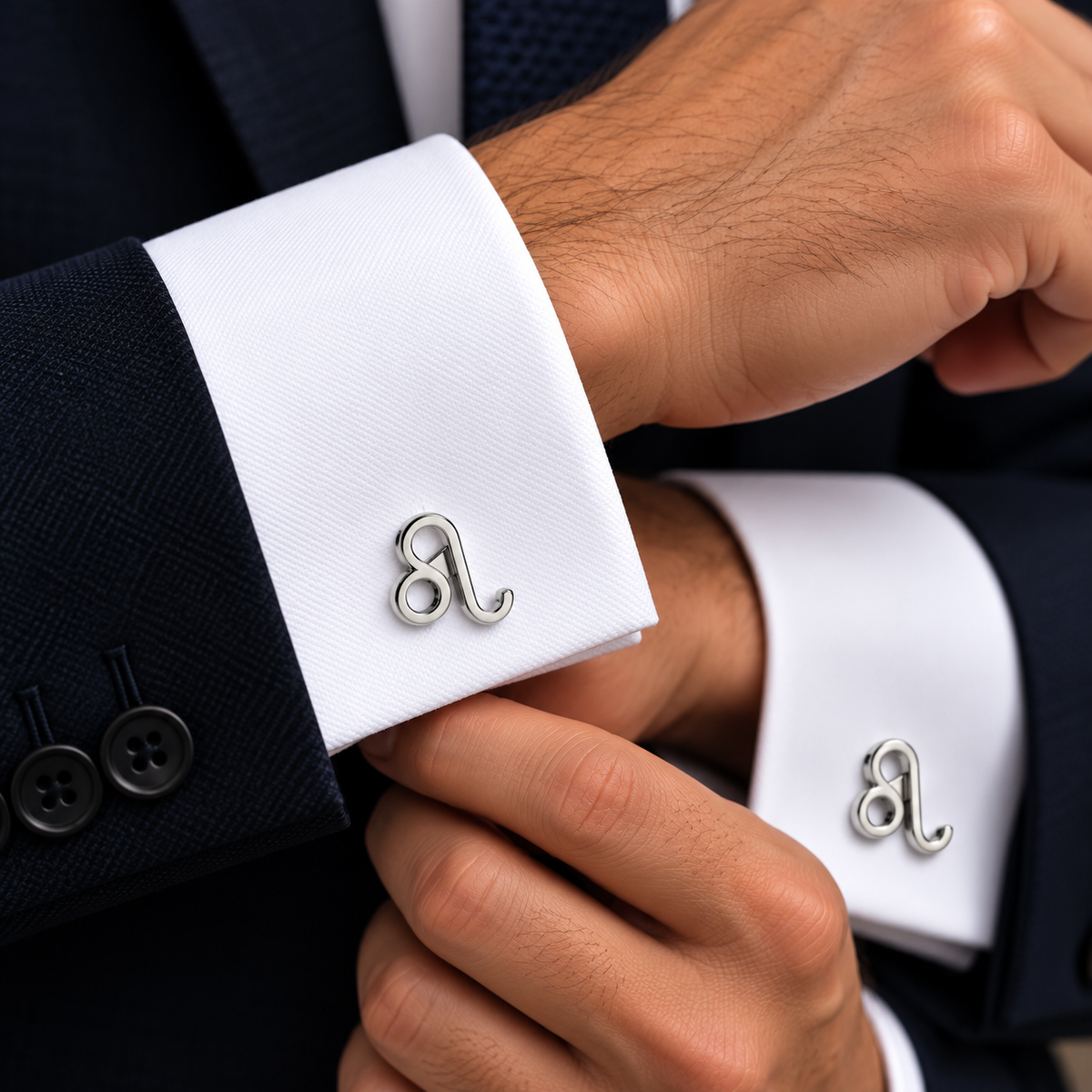 Albetro Leo zodiac silver cufflink worn on white French cuff shirt