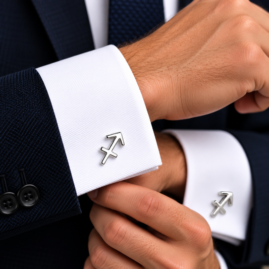 Albetro Sagittarius zodiac silver cufflink worn on white French cuff shirt