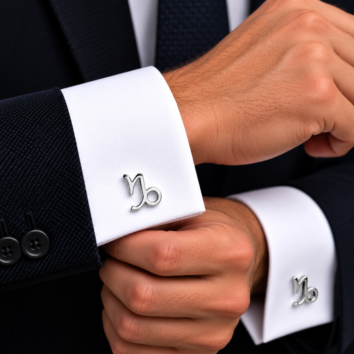 Albetro Capricorn zodiac silver cufflink worn on white French cuff shirt