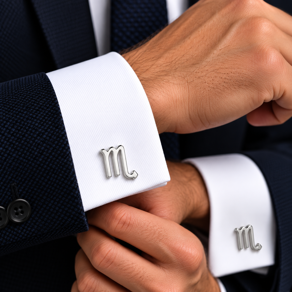 Albetro Scorpio zodiac silver cufflink worn on white French cuff shirt