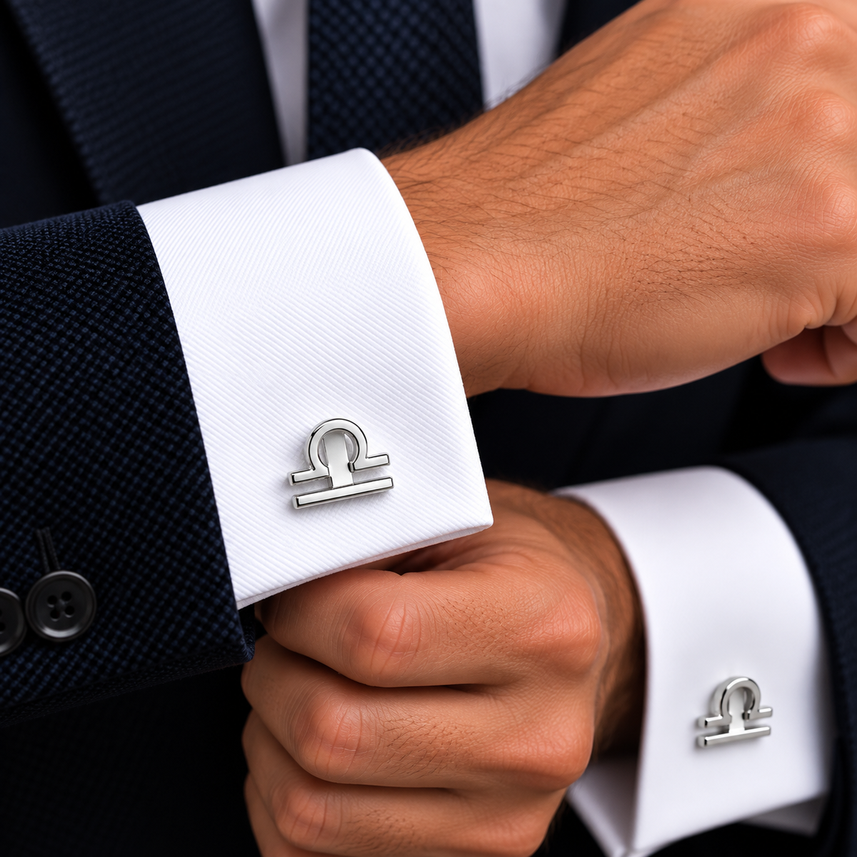 Albetro Libra zodiac silver cufflink worn on white French cuff shirt