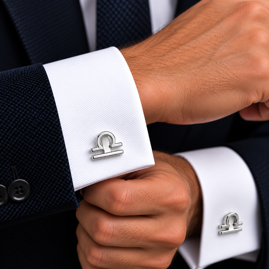 Albetro Libra zodiac silver cufflink worn on white French cuff shirt